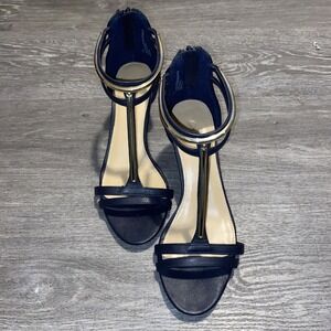 NWOB CATO NAVY T-STRAP HEELS W/GOLD ACCENTS BACK ZIPPER SIZE 7